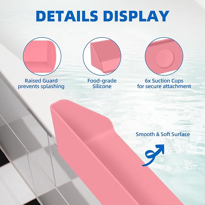 Splash Guard for Bathtub, 3.8" x 3.6" Silicone Bath Tub Splash Guard with 6 Suction Cups, Bathtub SplashGuard Play Shelf Area for Kids with 3°Drainage Slope for Faster Drying - 2 Packs Pink