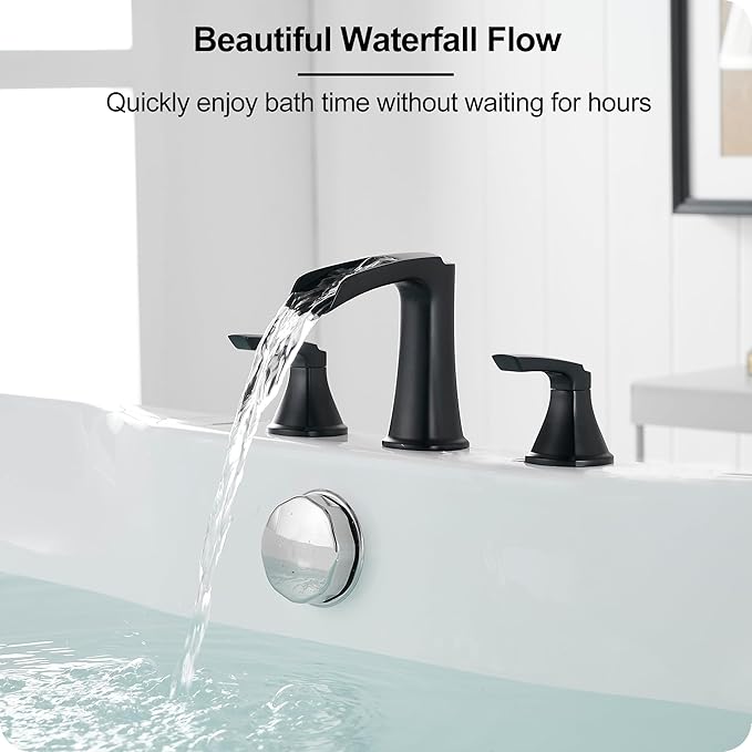 Roman Waterfall Bathtub Faucets, Brass High Flow Bathtub Faucet 3 Hole 6-16 Inch Widespread Black Tub Faucet Set 2 Handle, Deck Mount Filler Bath Faucet for Tub with Supply Water Hose for Modern