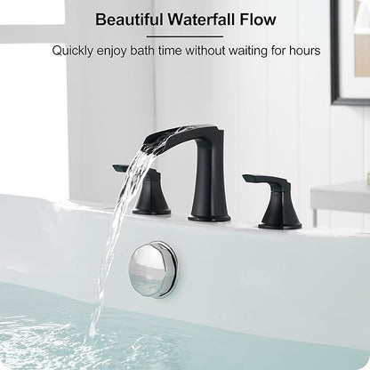Roman Waterfall Bathtub Faucets, Brass High Flow Bathtub Faucet 3 Hole 6-16 Inch Widespread Black Tub Faucet Set 2 Handle, Deck Mount Filler Bath Faucet for Tub with Supply Water Hose for Modern
