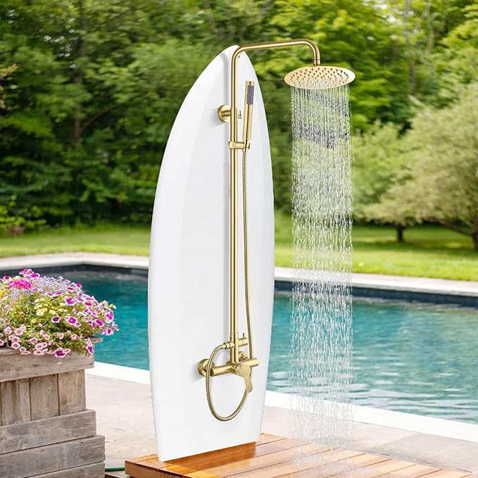 gotonovo Outdoor Shower Fixtures SUS304 Stainless Steel Rain Shower Kit Faucet High Pressure Wall Mount 2 Dual Function 8 Inch Showerhead and Handheld Spray Combo, Single Handle, Brushed Gold