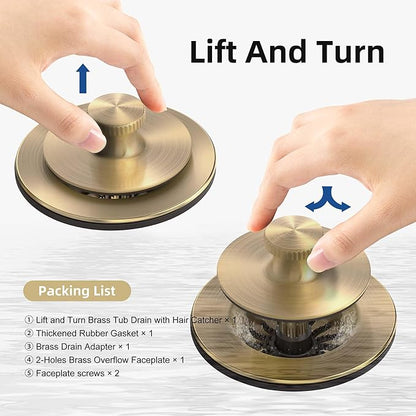 Champagne Brushed Gold Bronze Bathtub Drain, Hair Catcher and 2-Hole Overflow Faceplate, 11.5/16 UNC, Lift and Turn Bathtub Drain Replacement, Tub Drain Stopper