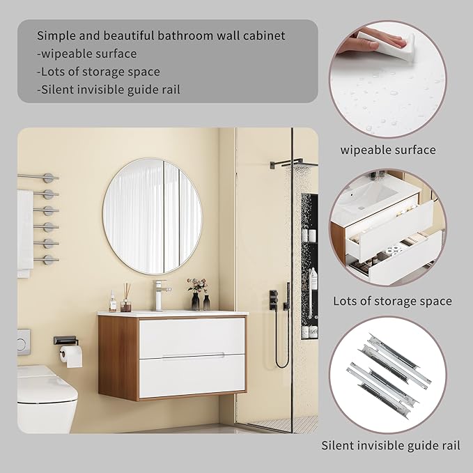 32" Wall Mounted Bathroom Vanity with Sink, Modern Floating Cabinet, Two-Tone Walnut & White Finish, 2 Soft Close Drawers, Handleless Design, Integrated Ceramic Top