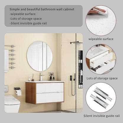 32" Wall Mounted Bathroom Vanity with Sink, Modern Floating Cabinet, Two-Tone Walnut & White Finish, 2 Soft Close Drawers, Handleless Design, Integrated Ceramic Top