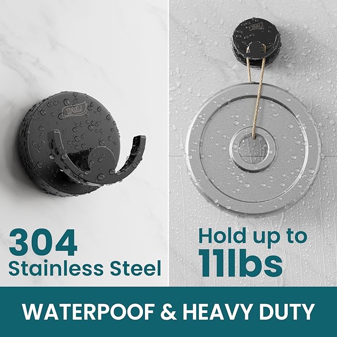 TAILI Stylish 304 Stainless Steel Bathroom Suction Hooks for Towel, Bathrobe, Loofah, No Damage Hanging Glass Shower Wall Hook, Patented Strong Suction Cup Holder, Hold Up to 11 Lbs, U-Cylinder Black