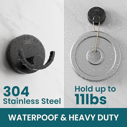 TAILI Stylish 304 Stainless Steel Bathroom Suction Hooks for Towel, Bathrobe, Loofah, No Damage Hanging Glass Shower Wall Hook, Patented Strong Suction Cup Holder, Hold Up to 11 Lbs, U-Cylinder Black