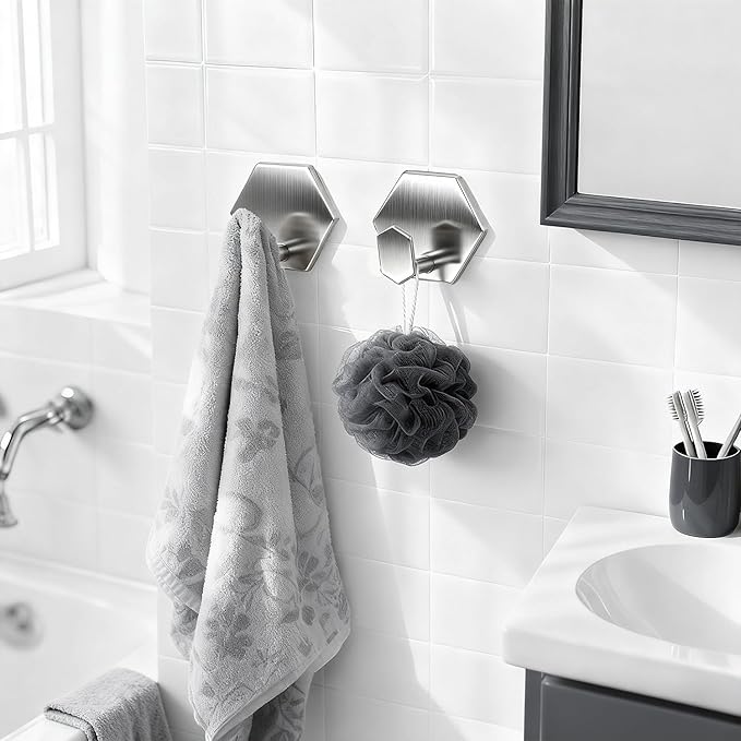 Adhesive Towel Hooks Heavy Duty Wall hooks Waterproof Stainless Steel Shower Rack for Coat, Key, Hat, Robe, Clothes, Picture Hanging Towel Hooks for Bathrooms Kitchen Door (4-Pack, Brushed Silver)