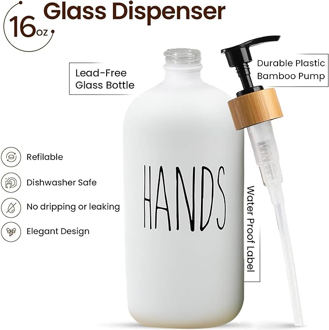 16 OZ Thick White & Black Glass Soap Dispenser, Bamboo Pump with Tray 2 Pack, Hand and Dish Soap Dispenser Set for Bathroom with 6 Waterproof Labels