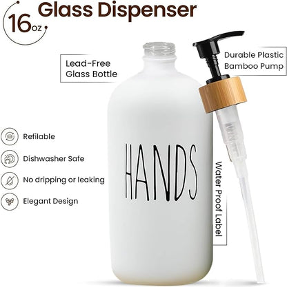 16 OZ Thick White & Black Glass Soap Dispenser, Bamboo Pump with Tray 2 Pack, Hand and Dish Soap Dispenser Set for Bathroom with 6 Waterproof Labels