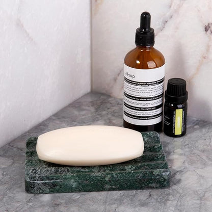 2PCS Koville Indian Natural Green Marble Soap Dish for Shower, Stone Soap Tray for Bathroom, Marble Bar Soap Holder for Sink, Stripe Grooves Soap Saver Sponge Holder