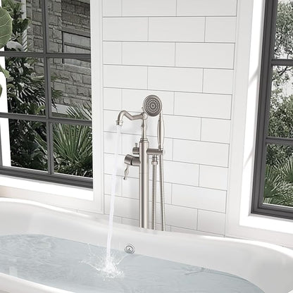 Hoimpro Free Standing Tub Faucet Freestanding Tub Filler Stand Alone Bath Tub Set Floor Mounted Bathtub Faucet Shower Faucets Handheld Sprayer Brass Brushed Nickel