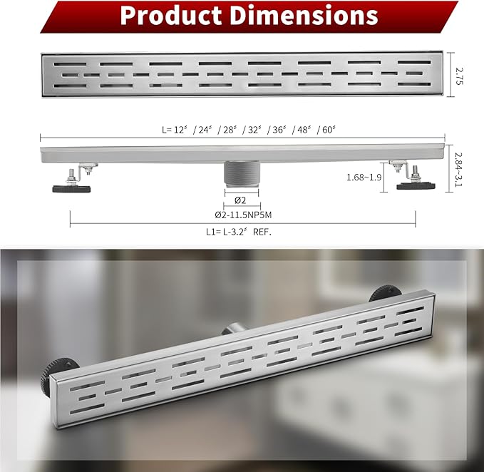 Sharp-tec Linear Shower Drain, 48 inch Shower Drain with Removable Pattern Cover, Brushed Nickel 304 Stainless Steel Rectangle Floor Drain, Adjustable Feet and Hair Strainer Included (Model 101)