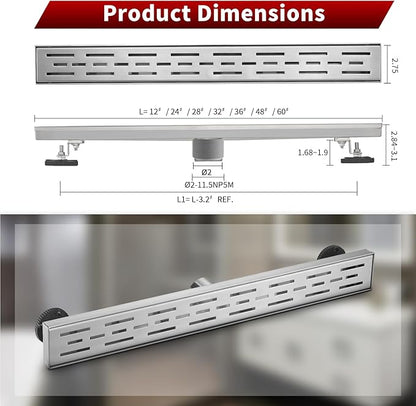 Sharp-tec Linear Shower Drain, 36 inch Shower Drain with Removable Pattern Cover, Brushed Nickel 304 Stainless Steel Rectangle Floor Drain, Adjustable Feet and Hair Strainer Included (Model 101)