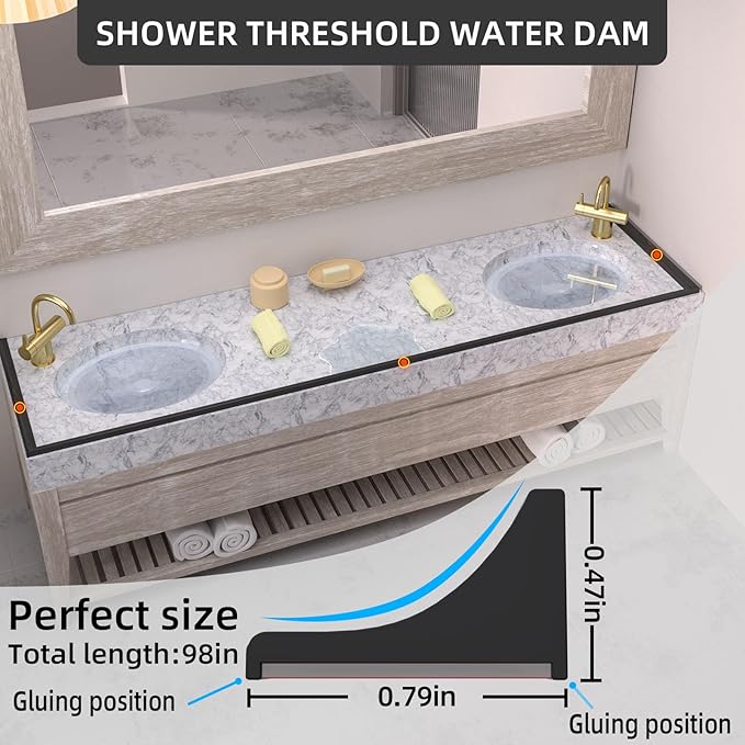 67Inch Collapsible Shower Threshold Water Dam Barrier, Self Adhesive Silicone Waterproof Shower Barrier Water Strip Dam for The Gap Between the Shower Kitchen Countertop Sink and Cooktop
