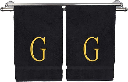 Monogrammed Hand Towel, Personalized Initial Gift, Extra Absorbent 100% Turkish Cotton - Soft Terry Finish - Set of 2 - Gold Block Initial G - Embroidered on Black Towels