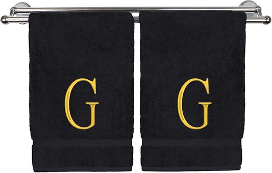Monogrammed Hand Towel, Personalized Initial Gift, Extra Absorbent 100% Turkish Cotton - Soft Terry Finish - Set of 2 - Gold Block Initial G - Embroidered on Black Towels