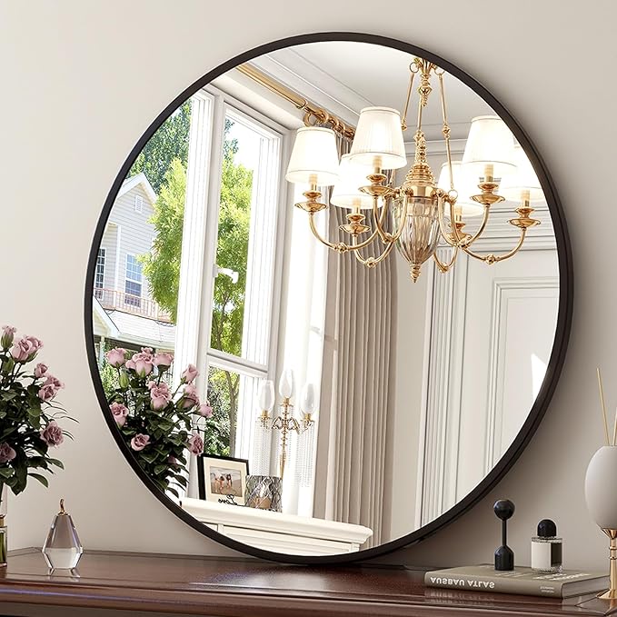 36 Inch Round Mirror - Circle Mirrors for Bathroom, Entryway and Living Room Wall Decor, Modern Hanging Vanity Mirror, Matte Black Circle Decorative Wall Mirror