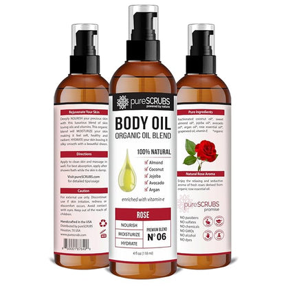 pureSCRUBS Ultra Moisturizing Rose Body Oil Spray for Dry Skin, Massage, Cuticles & More, Organic Super Blend of Jojoba, Argan, Coconut, Sweet Almond & Avocado Oils Enriched with Vitamin E, Lg 4oz