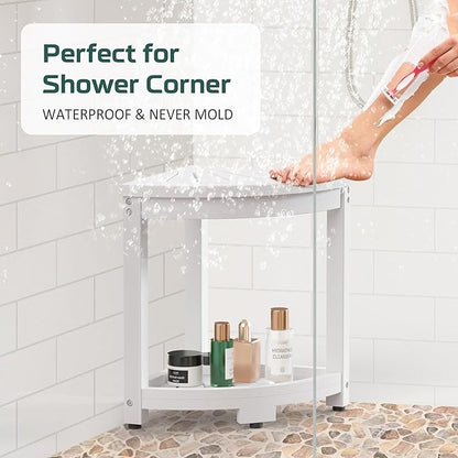 Waterproof Corner Shower Stool for Inside Shower, Poly Lumber Shower Bench Seat Chair, Bath Shower Stool for Shaving Legs Foot Rest with Storage Shelf, Adjustable & Non-Slip Feet, White