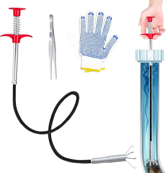 22 '' Flexible Grabber Claw (4 Claws), Drain Snake with Tweezers, Bendable Hose Grabber Reacher Tool, Retractable Drain Clog Remover Tool, Pickup Tool for Bath Tub, Toilet, Kitchen Sink & Sewer