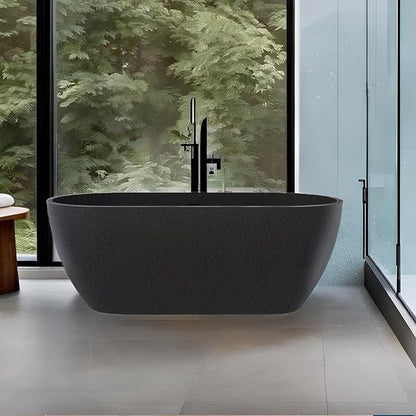 Stone Resin Freestanding Bathtub 63", Terrazzo Bathtub Soaking Tub, Solid Surface Stand Alone Bathtub with Drain & Integrated Slotted Overflow Matte Black AMFS-MY007-BK