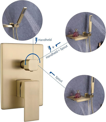 Taplong Wall Mount Tub Faucet with Waterfall Tub Spout Tub Faucet Set Wall Mounted Bathtub Faucet with Handheld Sprayer Brushed Gold Modern Bathroom Tub Filler Rough-In Valve Included-91266BG