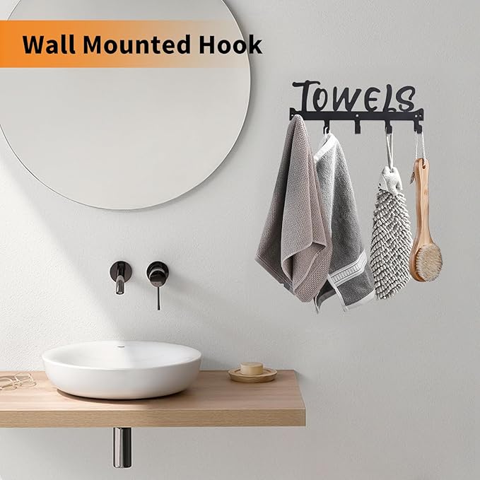 Over The Door Hook, Towel Holder Towel Hook for Bathroom, Towel Hanger Door Rack with 5 Coat Hooks, Over The Door Hanger Towel Rack for Bathroom, Bedroom Towels Coats, Black