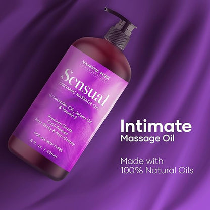 MAJESTIC PURE Organic Sensual Massage Oil for Massage Therapy - Refreshing, and Relaxing - Natural Oils for Date Night with Vitamin E - for All Skin Types - Men and Women - 8 fl oz