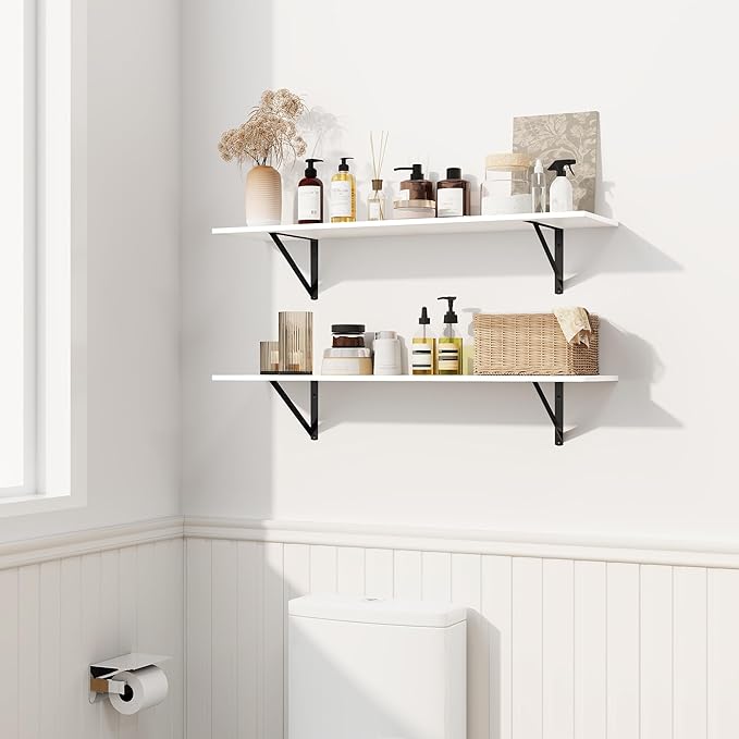 Fun Memories Deep Floating Shelves for Wall, 36W x 8D Wall Mounted Shelves Set of 2, Wide Display Ledge Shelf with Sturdy Metal Brackets for Living Room, Bathroom, Bedroom and Kitchen, White