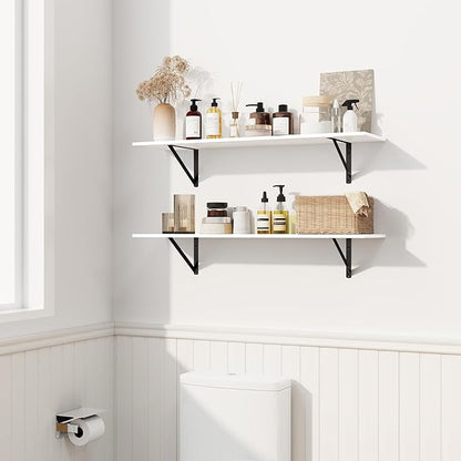 Fun Memories Deep Floating Shelves for Wall, 16W x 8D Wall Mounted Shelves Set of 2, Wide Display Ledge Shelf with Sturdy Metal Brackets for Living Room, Bathroom, Bedroom and Kitchen, White