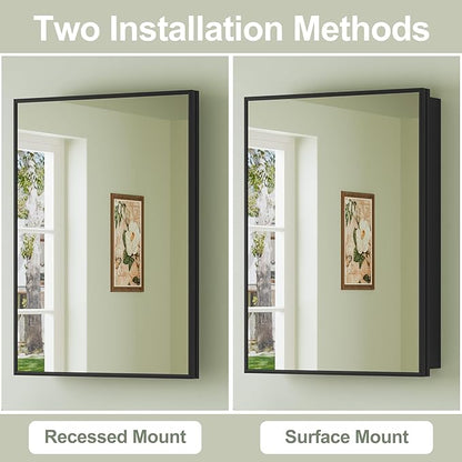 Buruis 20" x 28" Framed Medicine Cabinet with Mirror, Recessed or Wall Mounted Bathroom Cabinet, Adjustable Tempered Glass Shelves, Left/Right Open Reversible, No Assembly Required, Black