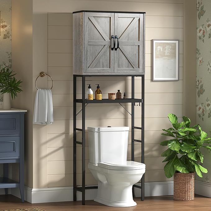 Over The Toilet Storage Cabinet, Bathroom Above Toilet Cabinet Organizer with Doors and Adjustable Shelves, Bathroom Shelf Organizer with Anti-Tip Device & Drain Rack, Grey