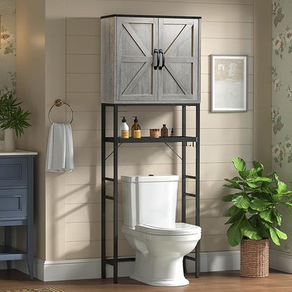 Over The Toilet Storage Cabinet, Bathroom Above Toilet Cabinet Organizer with Doors and Adjustable Shelves, Bathroom Shelf Organizer with Anti-Tip Device & Drain Rack, Grey