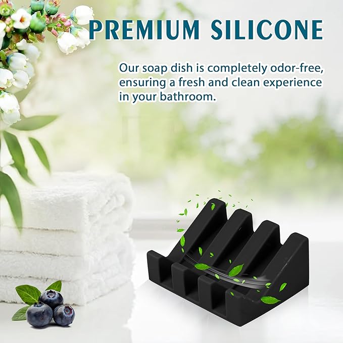 Silicone Soap Dish with Drain, Upgrade Double Suction Cups at The Bottom for Anti-Slip and Stability, Soap Dish Shower Waterfall Bar Soap Holder Tray with Drain Soap Holder (4, Black)