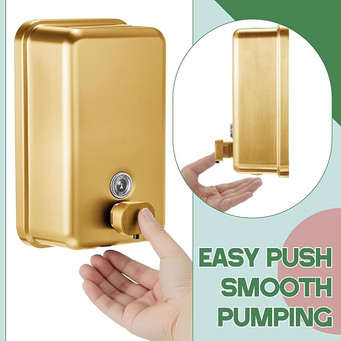 Maxdot 2 Pcs 37 oz/1100 ml Commercial Stainless Steel Soap Dispenser Wall Mount with Corrosion Proof Lining and Manual Anti Leak Pump for Home Bathroom Accessories Kitchen (Gold)