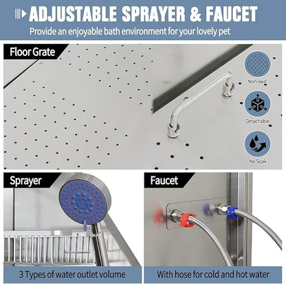 50 Inch Professional Dog Wash Station, Stainless Steel Dog Grooming Tub for Large, Medium & Small Pets - with Anti-Slip Stairs, Drain & Door, Silver