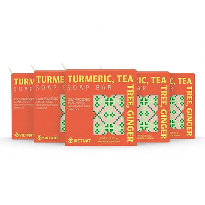 Turmeric, Tea Tree & Ginger Soap Bar (Pack of 5) – Cold Process Handmade Bar, 2-in-1 Cleansing & Invigorating Body Soap with Vietnamese Botanicals
