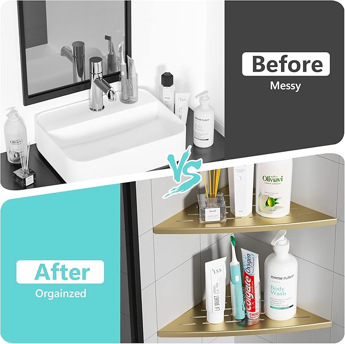 Corner Shower Shelf Brushed Golden, 304 Stainless Steel 11.5” Recessed Corner Shelf Bathroom for Tiled Wall, Floating Shower Shelves Shampoo Holder, No Drilling, 2 Pack