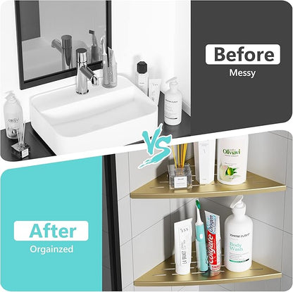 Corner Shower Shelf Brushed Golden, 304 Stainless Steel 11.5” Recessed Corner Shelf Bathroom for Tiled Wall, Floating Shower Shelves Shampoo Holder, No Drilling, 2 Pack
