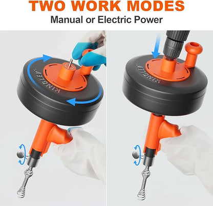 Drain Snake, 25ft Flexible Steel Drain Auger With Drill Adapter, Plumbing Unblocking Hand Auger, Manual Or Powered for Shower & Bathtub Clogs-No auto retract or feed (Orange)