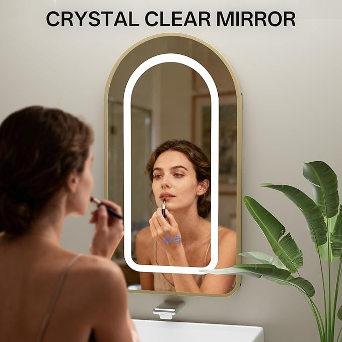 LED Arched Bathroom Medicine Cabinet with Mirror, No Assembly Needed, Recessed or Surface Mount Wall Storage Cabinet, Mirror Cabinet with Tissue Slot (Gold-LED, 31.5" L x 19.7")