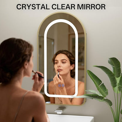 LED Arched Bathroom Medicine Cabinet with Mirror, No Assembly Needed, Recessed or Surface Mount Wall Storage Cabinet, Mirror Cabinet with Tissue Slot (Gold-LED, 31.5" L x 19.7")