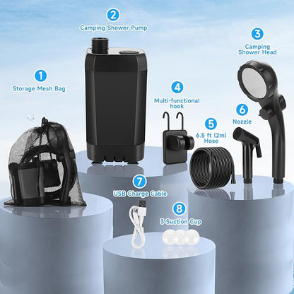 Portable Shower for Camping, Rechargeable Camping Shower Pump with LED Display of Battery Level and Temperature