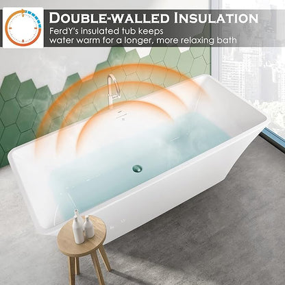 FerdY Sentosa 67" Acrylic Freestanding Bathtub, Contemporary Design Soaking Tub Easy to Install with Brushed Nickel Drain and Minimalist Linear Design Overflow, 02560