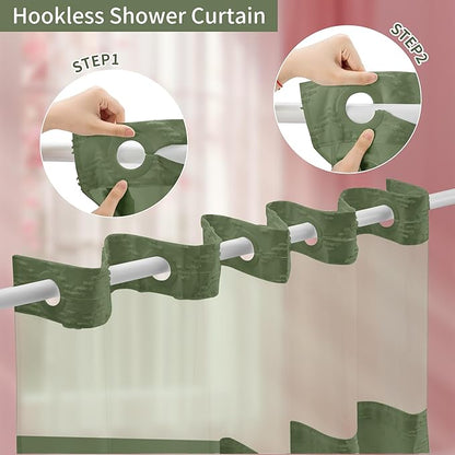 Hookless Shower Curtain with Snap in Liner 71" x 74" Double-Layer Waterproof Polyester Shower Curtain for Bathroom or Hotel Use,Removable Liner,Magnetic Hem,Large Rings,Machine Washable,Sage Green