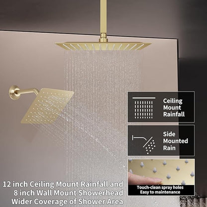Thermostatic Shower System Brushed Gold Shower Faucet Set, Four Modes Shower Faucet with 4 PCS Body Jet, Handheld Spray, Ceiling Mount 12 inch Shower Head with 8 inch Wall Mount Shower Head