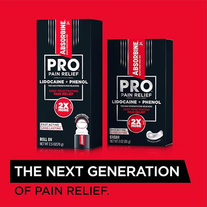 ABSORBINE JR. Pro Maximum-Strength Lidocaine Roll-On, Fast-Acting Nerve, Joint, & Muscle Pain Relief, No-Mess, Non-Greasy Formula, 4% Lidocaine with Phenol, 2.5 oz, (Pack of 1)