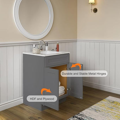 ROOMTEC Bathroom Cabinet, 27'' Free Standing Single Bathroom Vanity with 1 False Drawer and 2 Doors,Morden Bathroom Sink Vanity Storage Cabinet, Shaker Gray