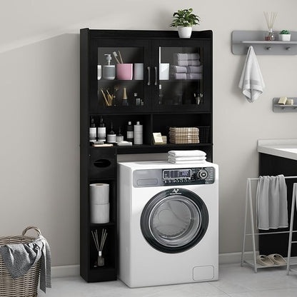 Vabches Over-The-Toilet Storage Cabinet, Farmhouse Style with 2 Acrylic Waves Doors, Space-Saving Home Storage Rack for Restroom, Bathroom and Laundry Room.Black.