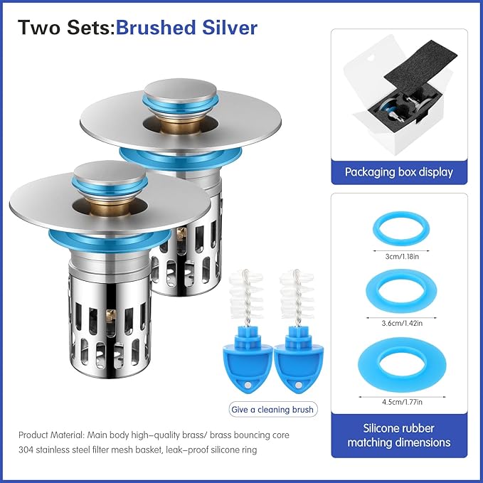 Universal Bathroom Sink Stopper, Pop Up Sink Drain Strainer Plug with Removable Stainless Steel Filter Basket Hair Catcher,Brass Body,Bathroom Bathtub Drain Stopper(2 PCS),Brushed Silver