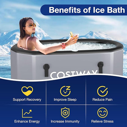 COSTWAY XL 129 Gal Oval Ice Bath Tub with Cover, Portable Outdoor Inflatable Cold Plunge Tub with Backpack, Pump, for Cold and Therapy, Compatible with Water Chillers, Grey